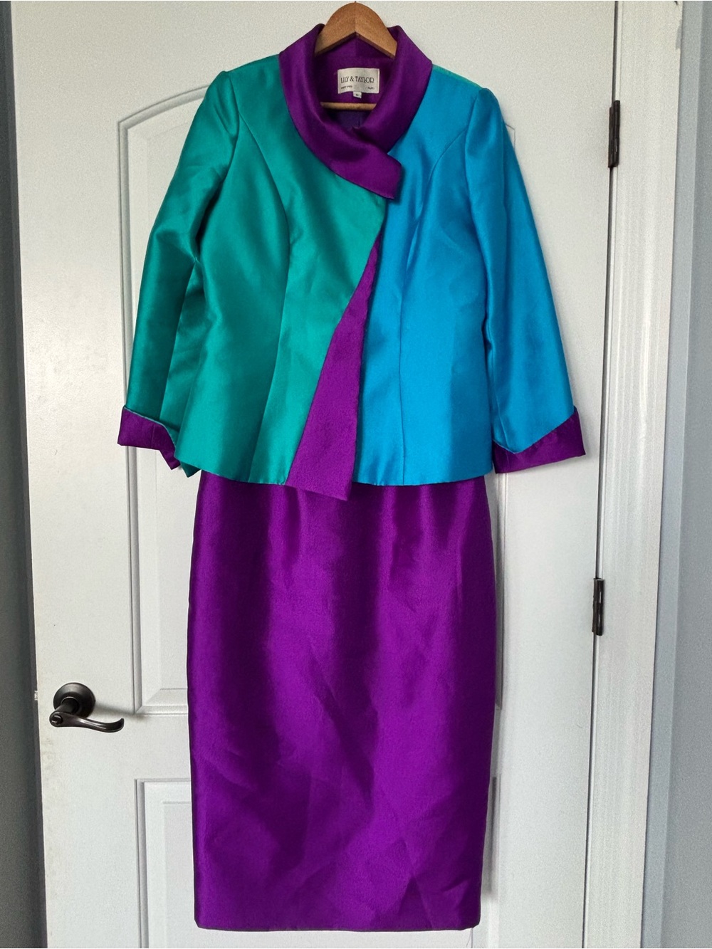 Vintage Lily & Taylor Made in USA Colorblock Skirt Suit Set Purple Teal Green 6